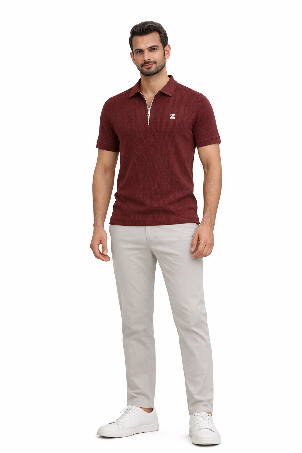 Brown Drop Needle Knitted Zipper Polo