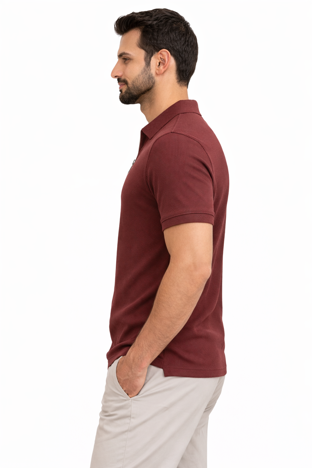 Brown Drop Needle Knitted Zipper Polo