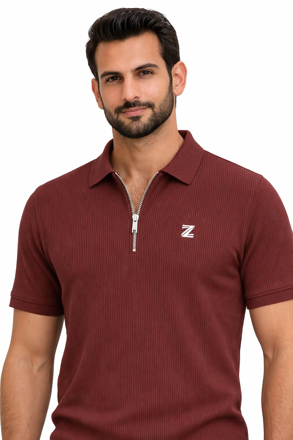 Brown Drop Needle Knitted Zipper Polo